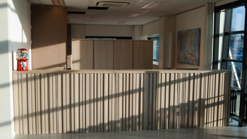 Houten receptiebalie met zonlicht en schilderij aan de muur bij Tandarts Alkmaar Oudorp
