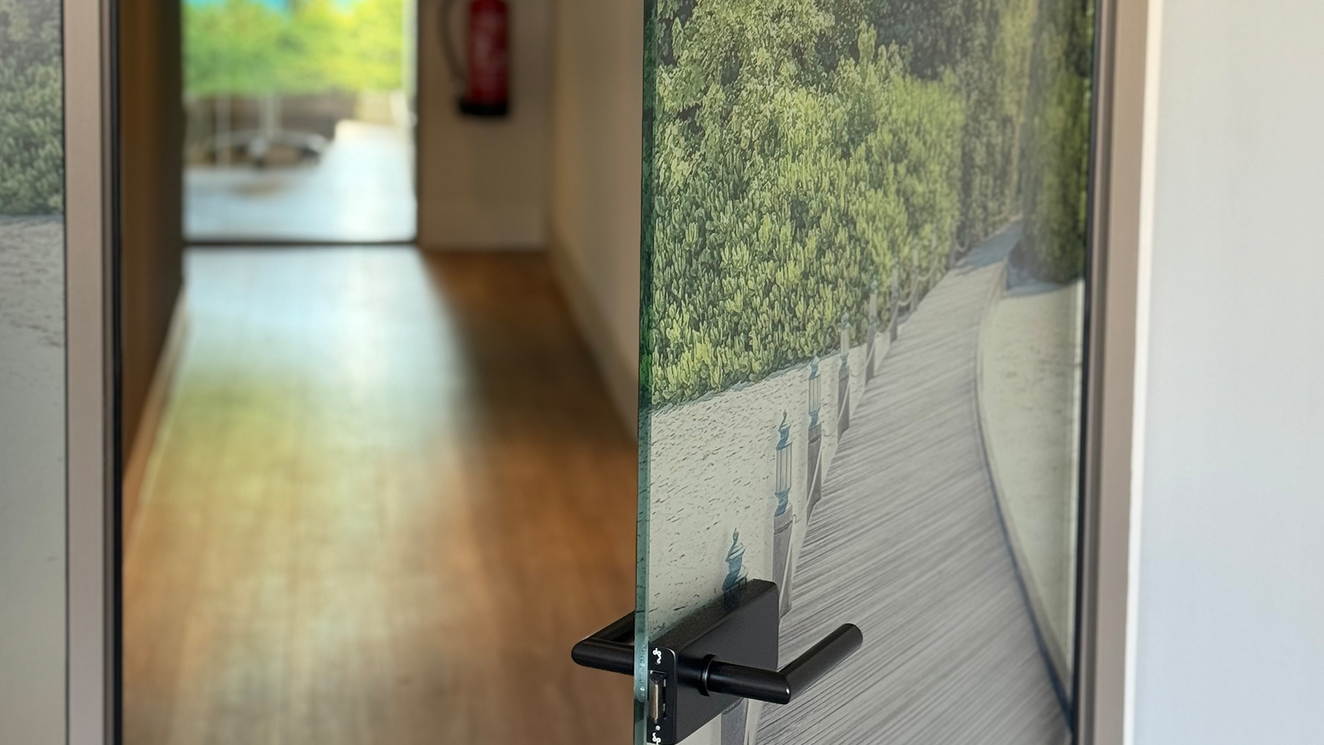 Glazen deur met natuurdecoratie naar behandelkamer bij Tandarts Beverwijk