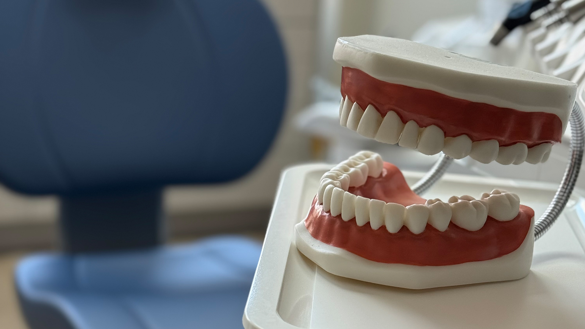 Tandartsstoel met gebitsmodel op behandelmeubel bij Tandarts Beverwijk