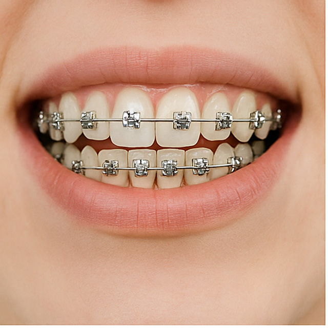 Close-up van een gebit met een beugel.