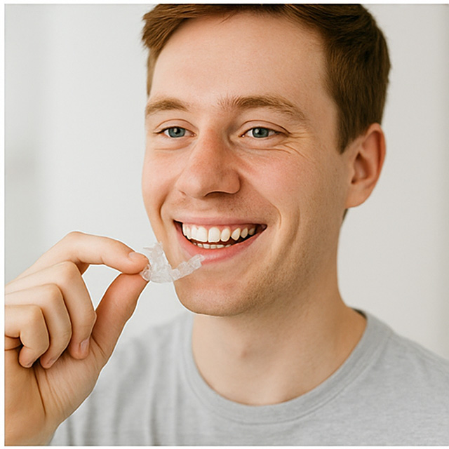 Man laat zijn doorzichtige aligner zien