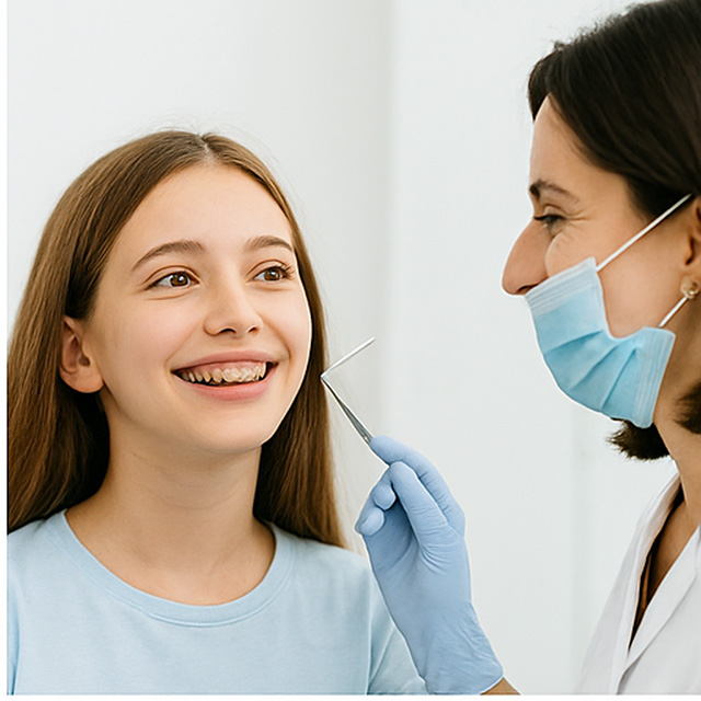 Meisje zit in een stoel bij de orthodontist