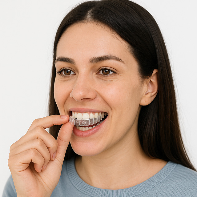 Vrouw draagt een doorzichtige aligner en glimlacht